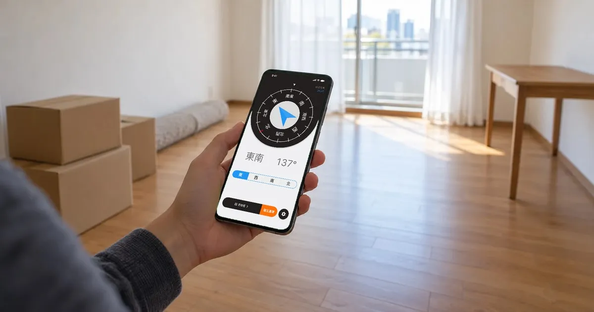 在堆著紙箱、剛搬進去的空房間裡，手持 iPhone 朝向窗戶，在指南針畫面選擇「東」確認方位