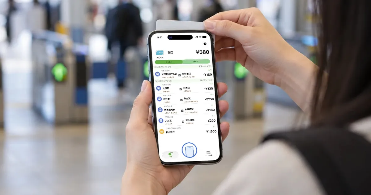駅の改札の手前で、iPhone の上部の背面に ICカードを当て、画面で ICOCA の残高を確かめている手元