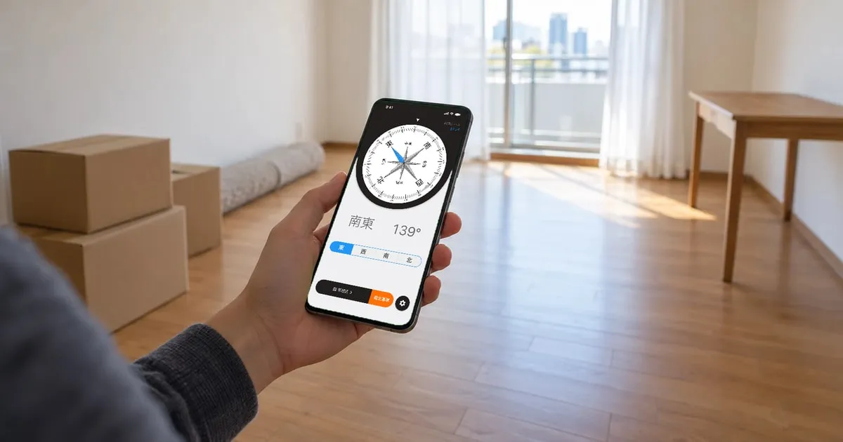 段ボール箱が置かれた引っ越したばかりの部屋で、窓の方へ iPhone を向けて持ち、コンパスの画面で「東」を選んで方角を確かめている手元