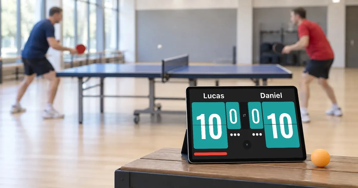In a gym where two players are rallying, an iPad on a bench in the foreground shows a 10–10 scoreboard