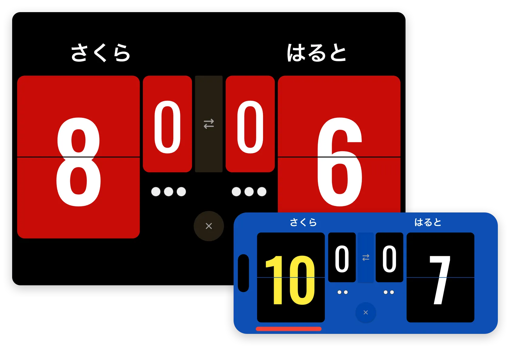 レッドのスコアボードで8対6を表示した iPad と、ブルーのスコアボードで10対7を表示した iPhone