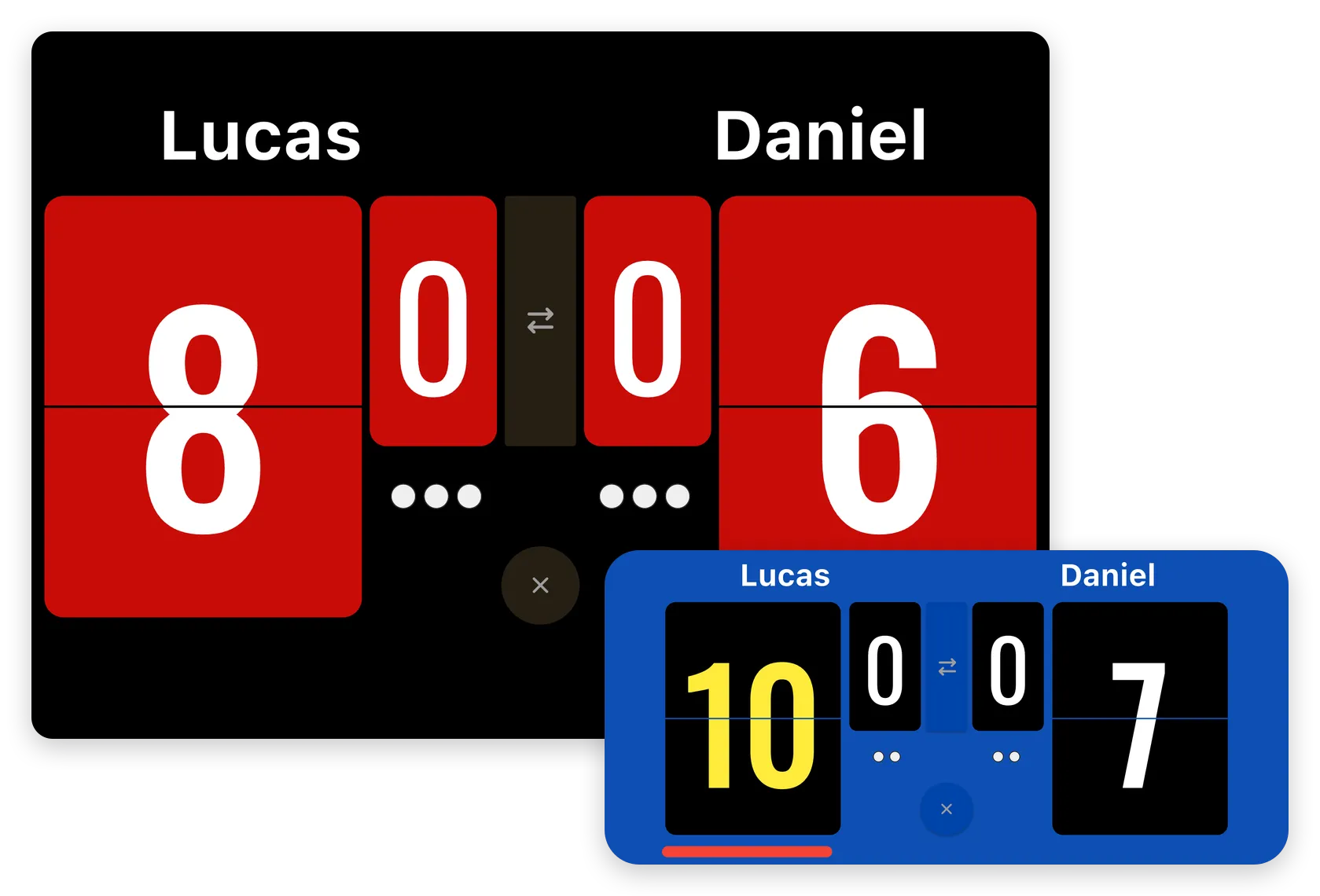 An iPad showing a red scoreboard at 8–6, and an iPhone showing a blue scoreboard at 10–7