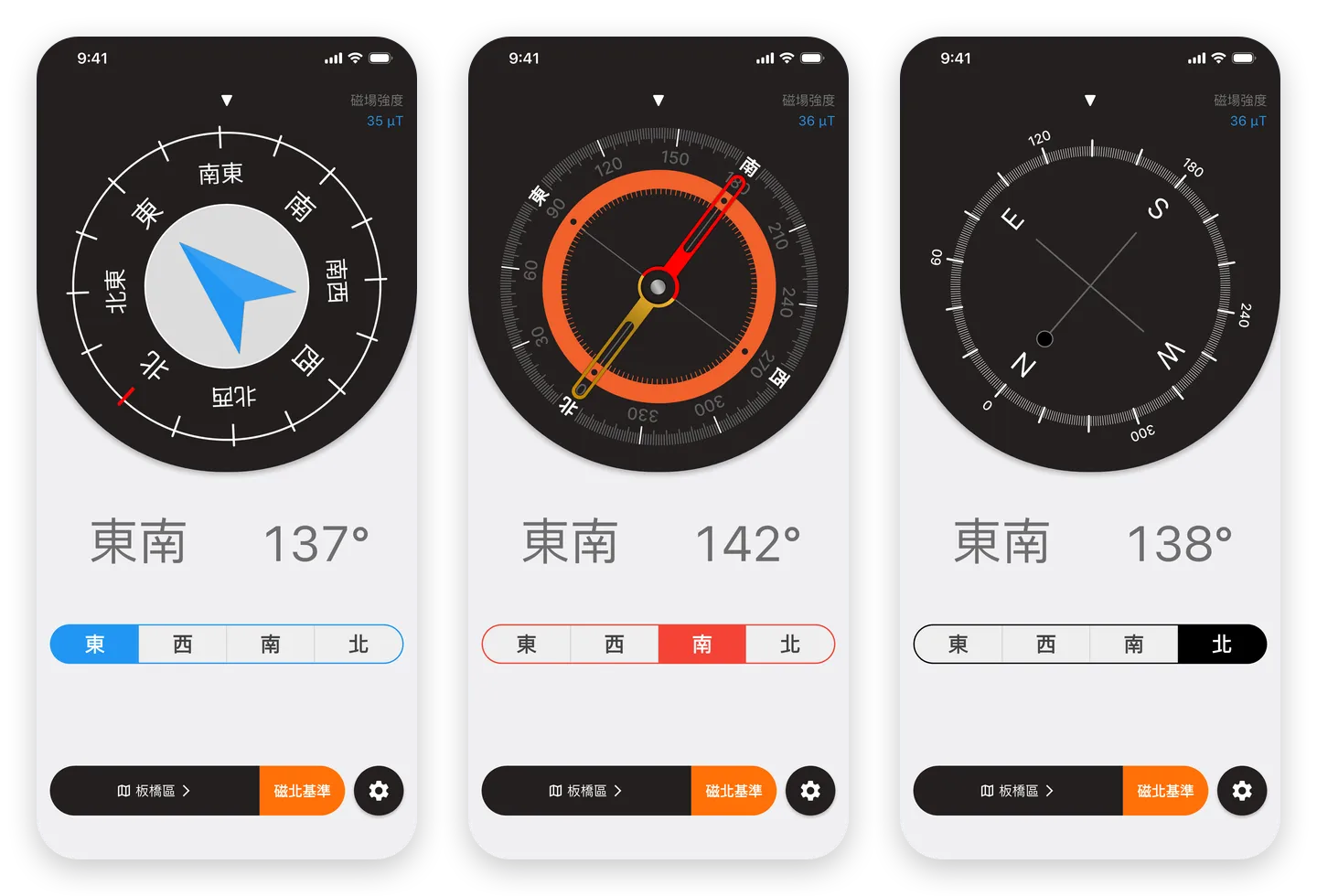 三個畫面都是朝東南方向持握。由左至右：選「東」時簡明盤面的箭頭指向東方、選「南」時 Orangircle 盤面的指針指向南方、選「北」時 Saku Pon 盤面在北側出現圓點
